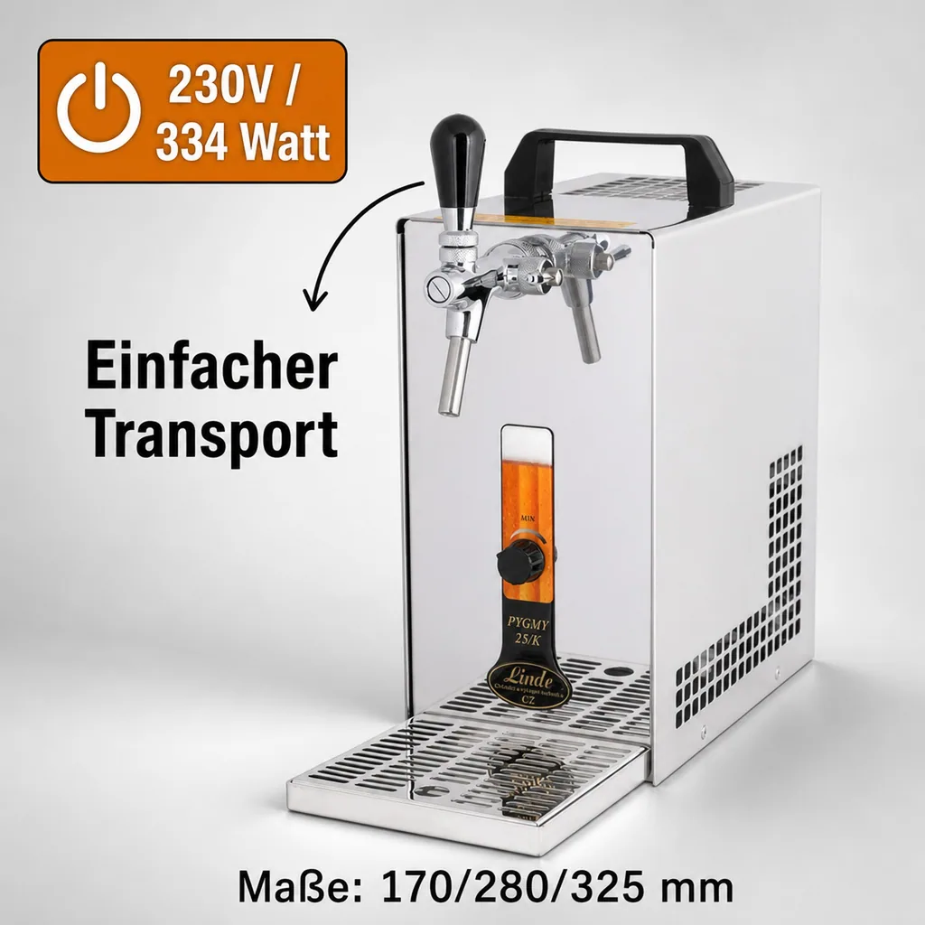 Zapfanlage, Bierzapfanlage PYGMY 25/K mit Membranpumpe, 1-leitig Trockenkühlgerät aus Edelstahl, 35 Liter/h, Green Line