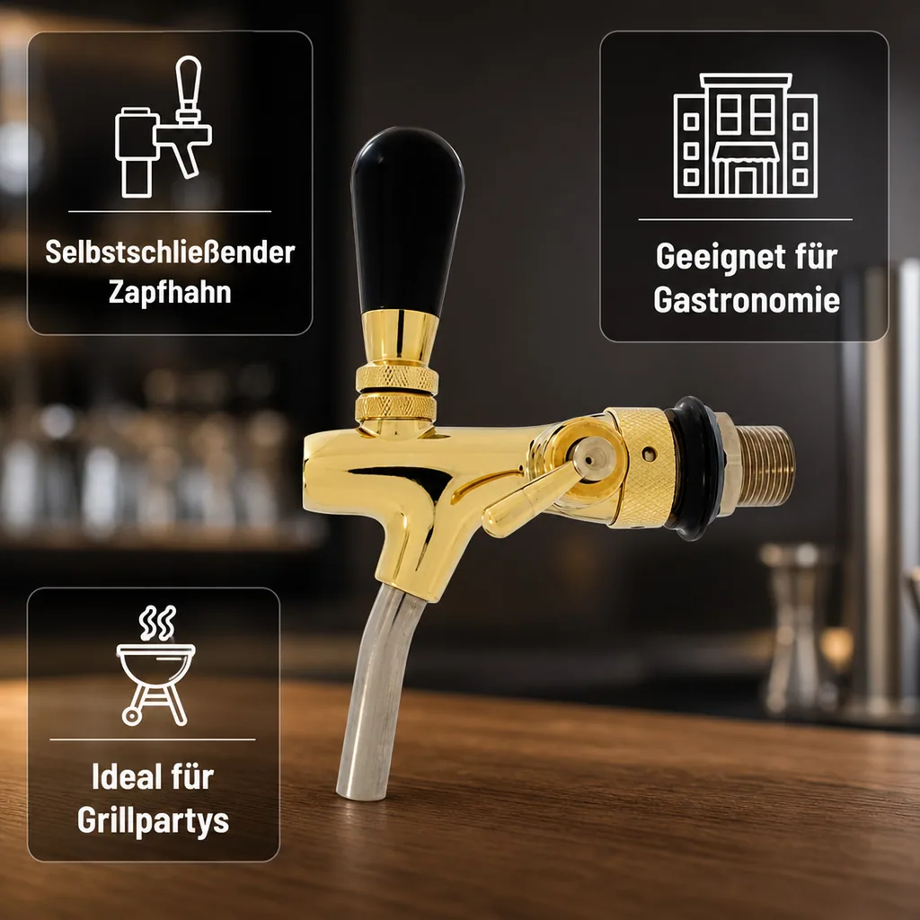 Zapfhahn, Kompensatorhahn, Bierzapfhahn, Schankhahn - selbstschließend, gold, Gewindelänge: 55 mm