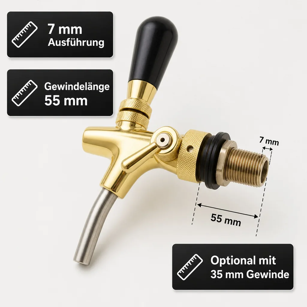 Zapfhahn, Kompensatorhahn, Bierzapfhahn, Schankhahn - selbstschließend, gold, Gewindelänge: 55 mm