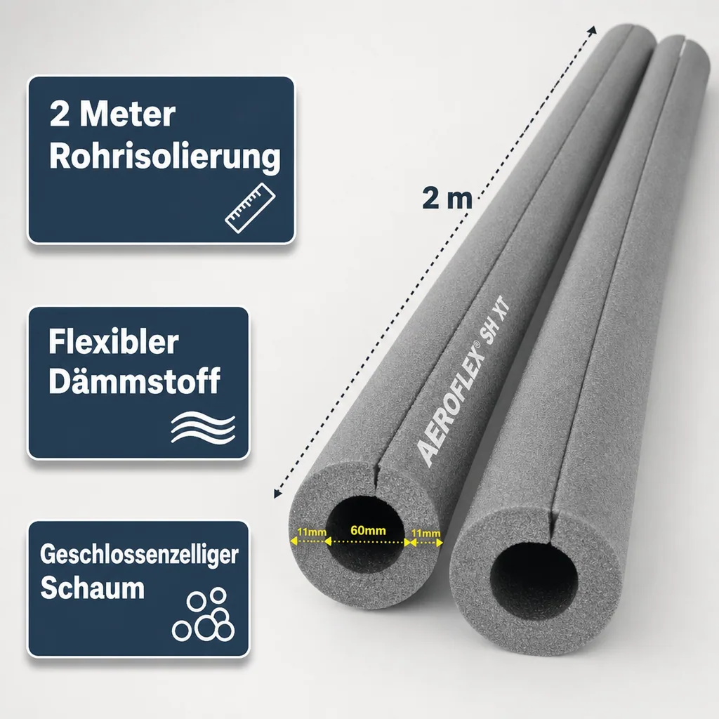 AEROFLEX® SH XT Pipe Insulation, Pipe Lagging - 2m, Self-Adhesive, Flexible Insulation Material from Closed-Cell Foam Rubber Base, Black - 60 x 10 mm