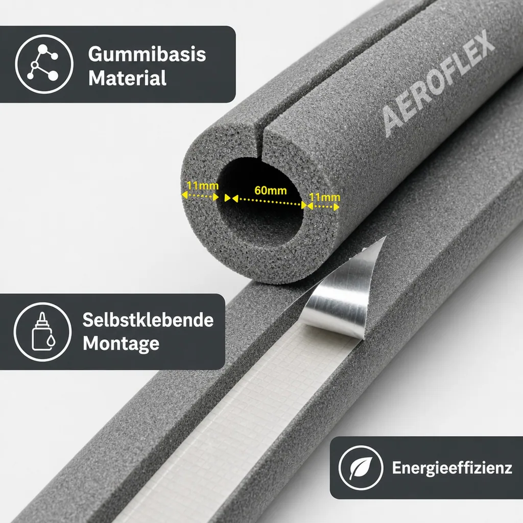 AEROFLEX® SH XT Pipe Insulation, Pipe Lagging - 2m, Self-Adhesive, Flexible Insulation Material from Closed-Cell Foam Rubber Base, Black - 60 x 10 mm