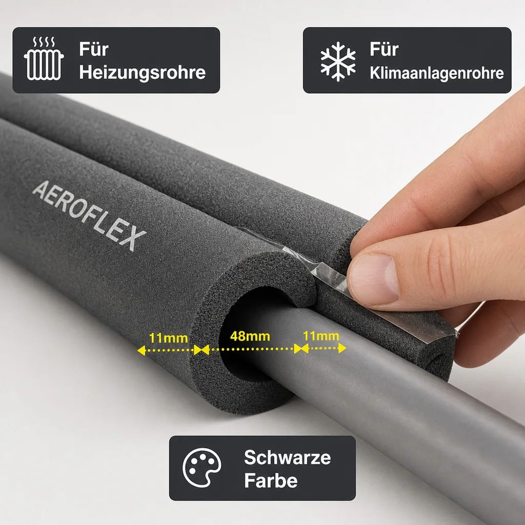 AEROFLEX® SH XT Rohrisolierung, Rohrdämmung - 2 m, selbstklebend, flexibles Isoliermaterial aus geschlossenzelligem Schaumgummi, schwarz - 48 x 10 mm