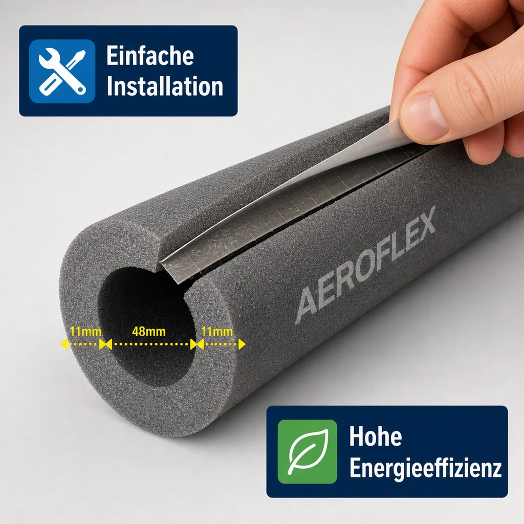 AEROFLEX® SH XT Rohrisolierung, Rohrdämmung - 2 m, selbstklebend, flexibles Isoliermaterial aus geschlossenzelligem Schaumgummi, schwarz - 48 x 10 mm