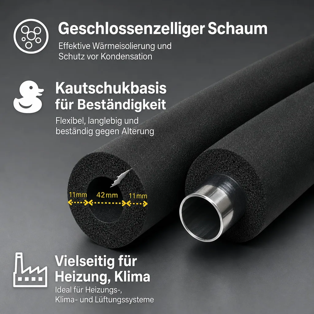 Rohrisolierung selbstklebend, 2m, flexibel, Rohrdämmung, schwarz, 42x10mm
