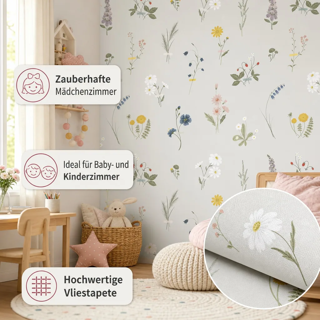 Lilipinso Vlies Tapete Wildblumenblüten grau pastell