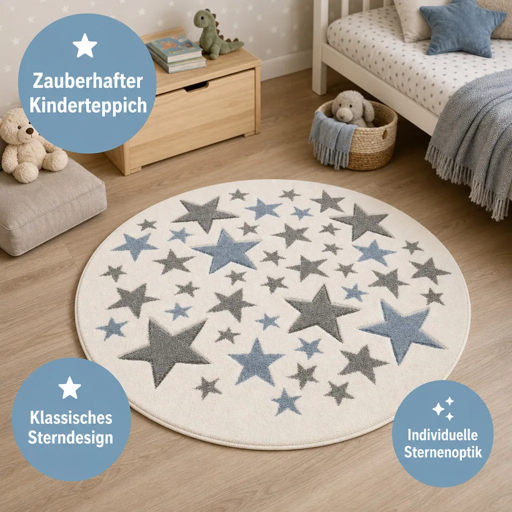 Livone Teppich Stella Sterne blau grau rund, Teppichgrösse: Ø 133 cm
