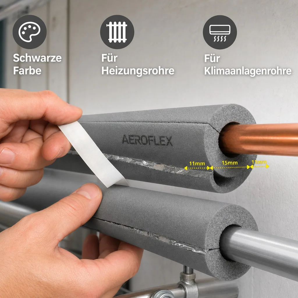 AEROFLEX® SH XT Pipe Insulation, Pipe Lagging - 2m, Self-Adhesive, Flexible Insulation Material from Closed-Cell Foam Rubber Base, Black - 15 x 10 mm
