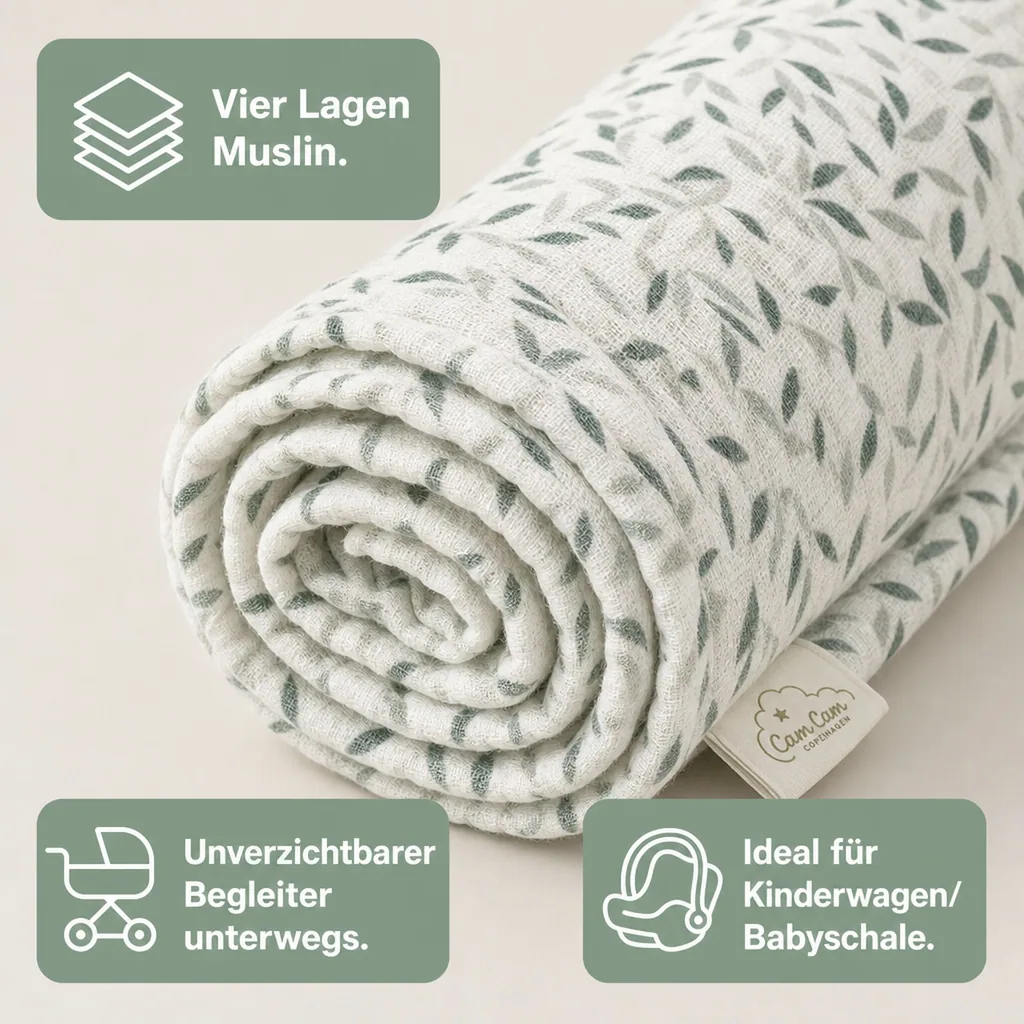 Cam Cam Muslin Babydecke "Green Leaves" grüne Blätter