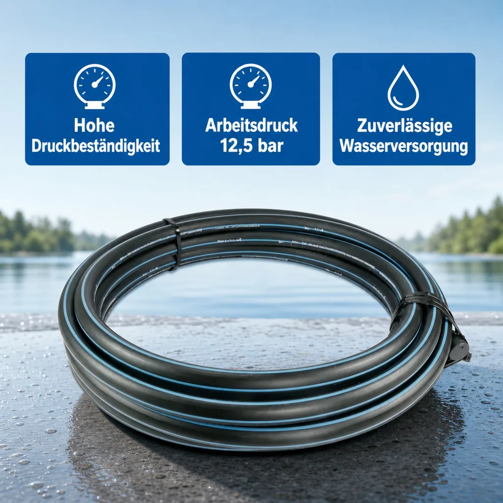 PE80 Rohr, 25mm Wasserrohr, PE Druckrohr, 1m, Schwarz/Blau