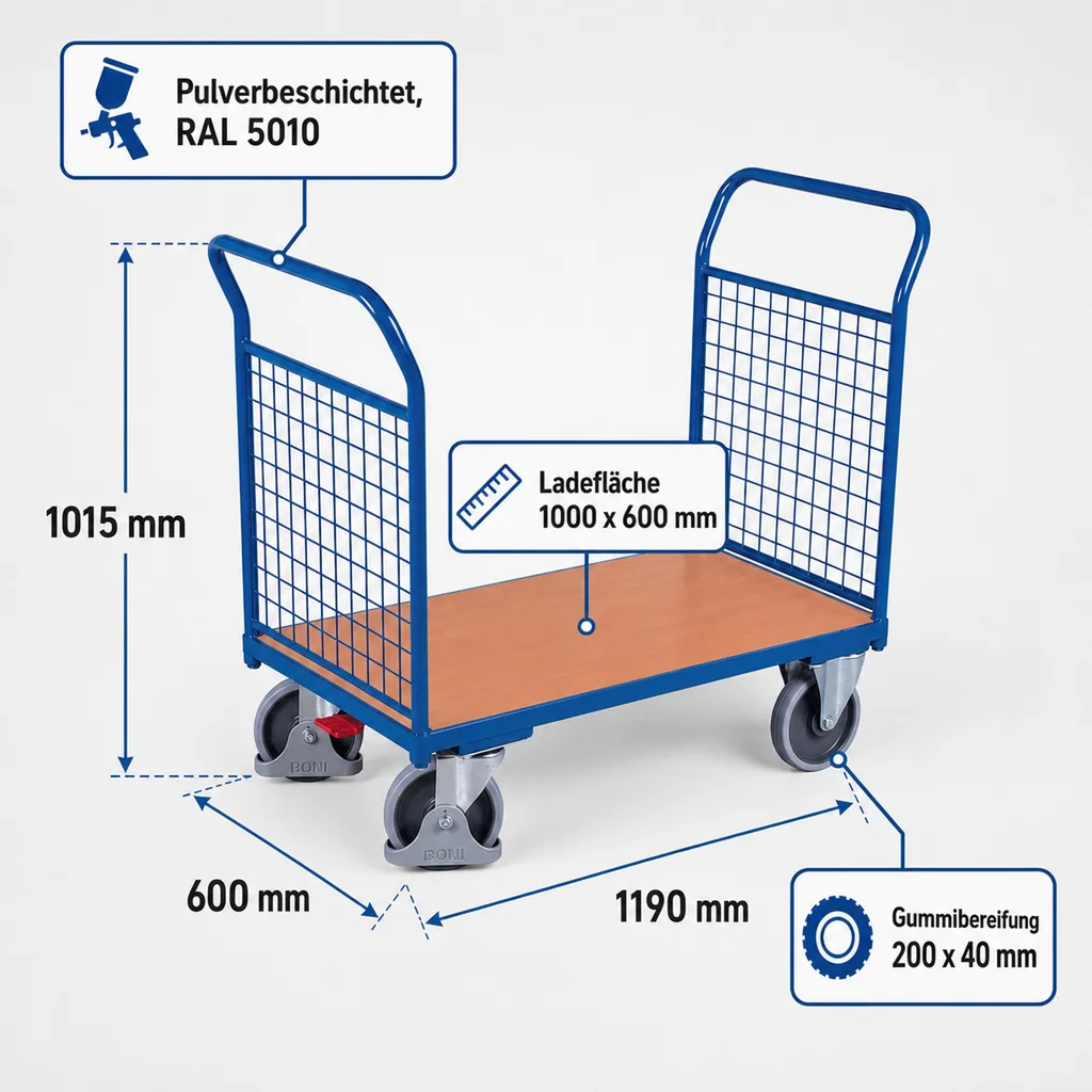 Drahtgitterwagen, Stirnwandwagen 500 kg, EasySTOP, pulverbeschichtet