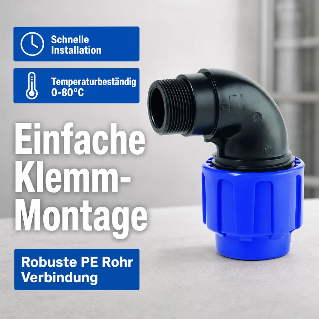 PE Rohr Verschraubung, 90° Winkel, 32mm, Klemmfitting, Trinkwasser