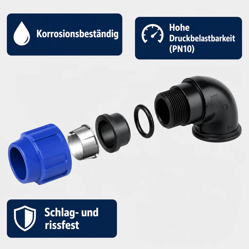 PE Rohr Verschraubung, 90° Winkel, 32mm, Klemmfitting, Trinkwasser