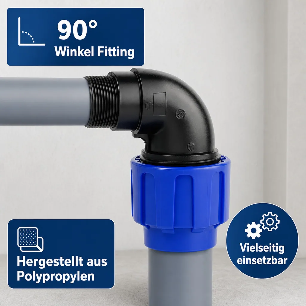 PE Rohr Verschraubung, 90° Winkel, 32mm, Klemmfitting, Trinkwasser