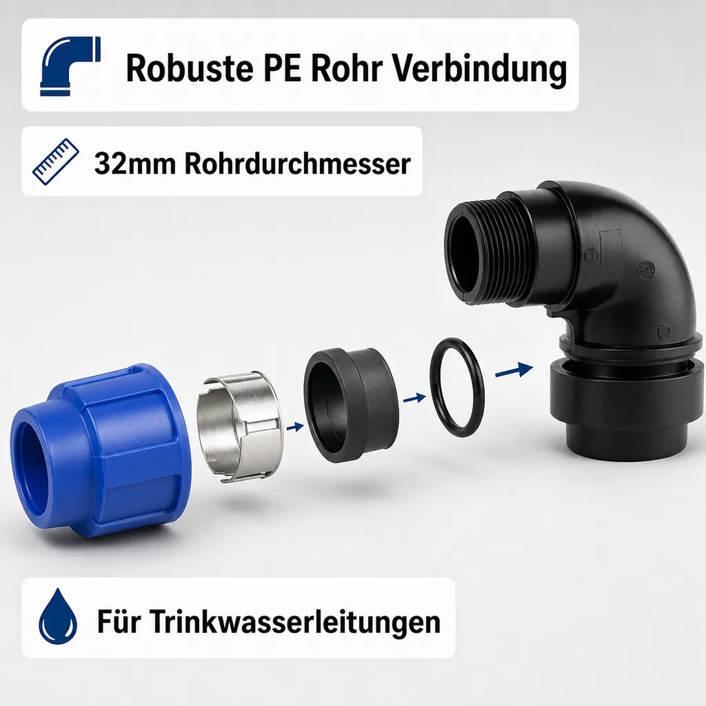 PE Rohr Verschraubung, 90° Winkel, 32mm, Klemmfitting, Trinkwasser