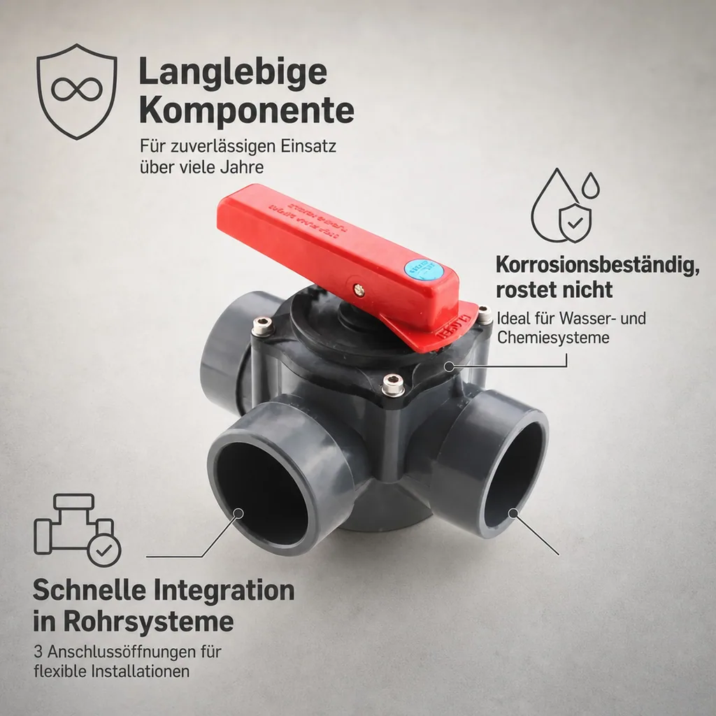 3 Wege Hahn PVC, PVC-U Zylinderhahn 50/63mm, Klebemuffe, grau, 6 bar