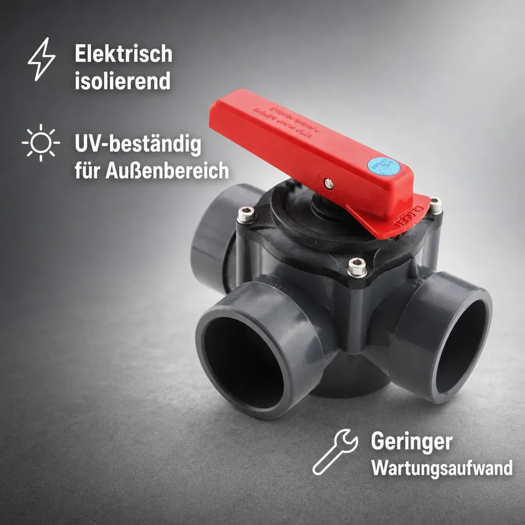 3 Wege Hahn PVC, PVC-U Zylinderhahn 50/63mm, Klebemuffe, grau, 6 bar