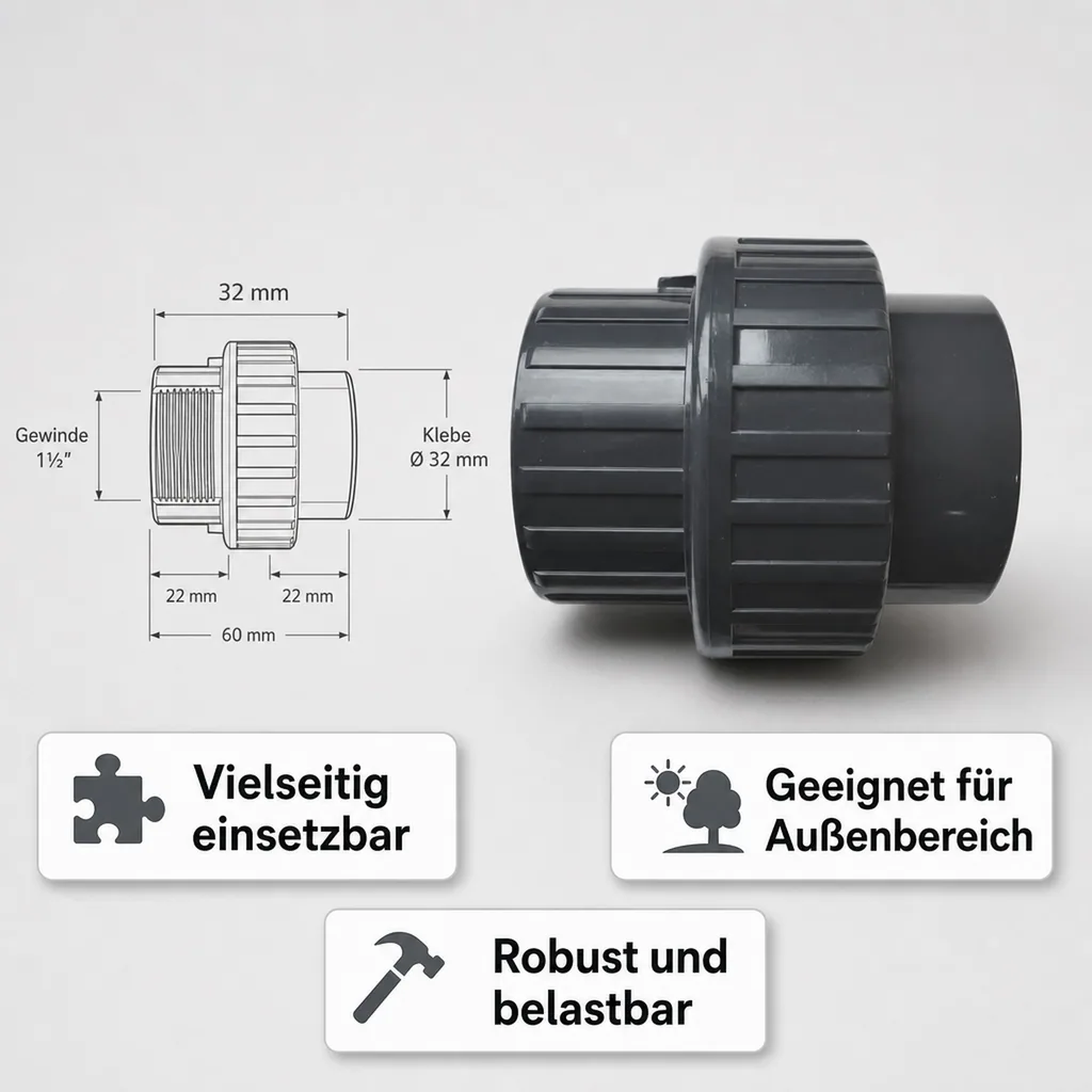 PVC-U Verschraubung Klebemuffe x Klebemuffe 32 mm
