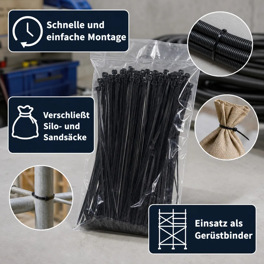 100 Kabelbinder 200x4,8mm schwarz (UV-stabilisiert) PA6.6