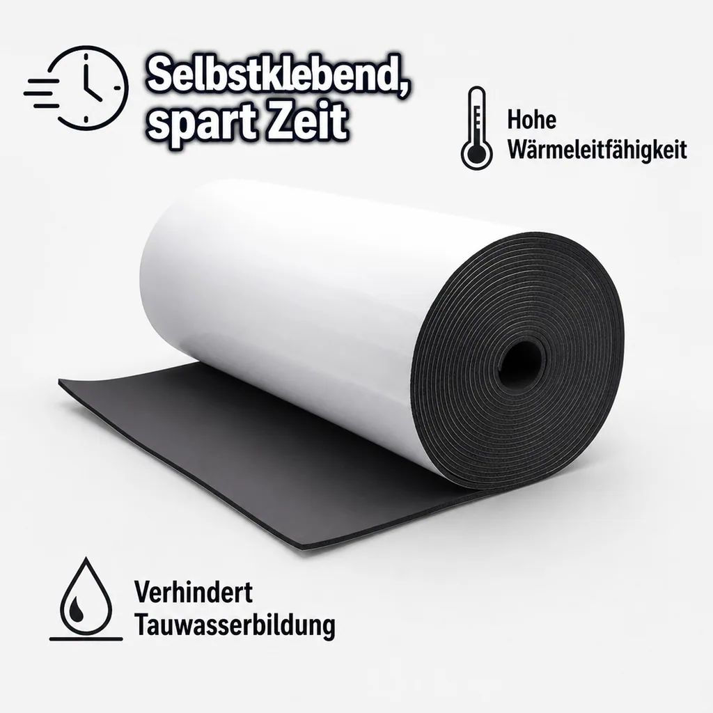 Rohrisolierung selbstklebend, Isoliermatte, Dämmmatte, 9mm, 1m breit