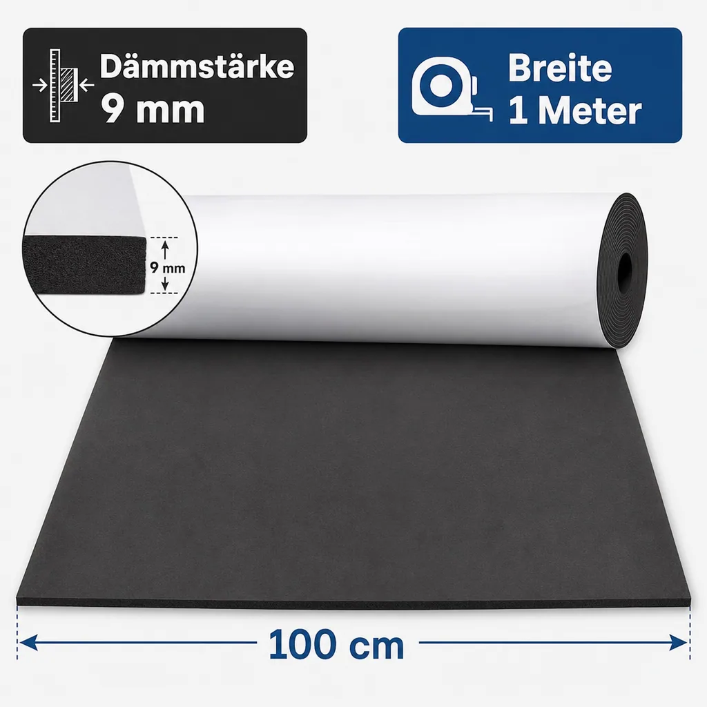Rohrisolierung selbstklebend, Isoliermatte, Dämmmatte, 9mm, 1m breit