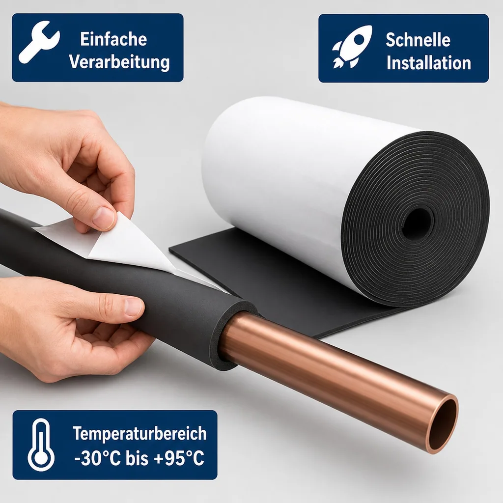 Rohrisolierung selbstklebend, Isoliermatte, Dämmmatte, 9mm, 1m breit