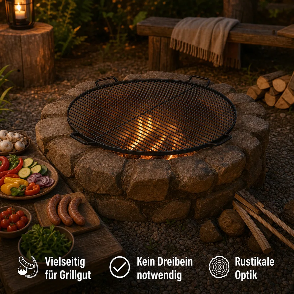 Grillrost 80 cm, Feuerstelle, runder Grillrost Stahl, mit Griffen