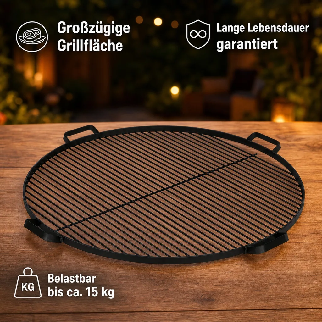 Grillrost 80 cm, Feuerstelle, runder Grillrost Stahl, mit Griffen