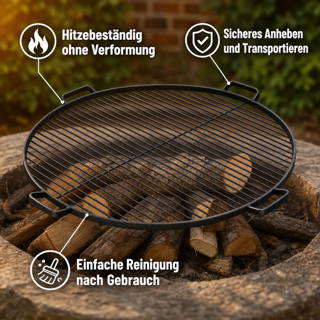Grillrost 80 cm, Feuerstelle, runder Grillrost Stahl, mit Griffen