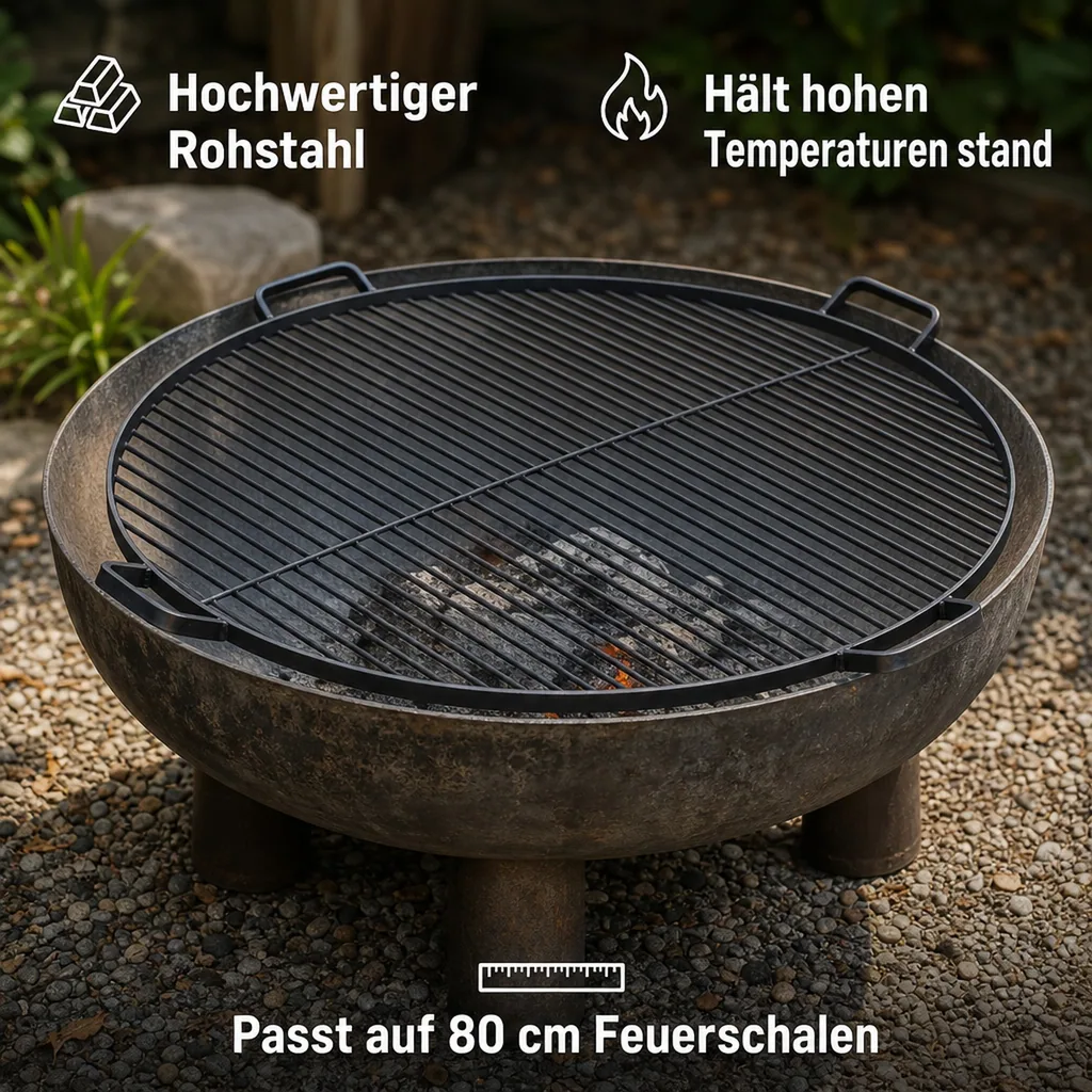 Grillrost 80 cm, Feuerstelle, runder Grillrost Stahl, mit Griffen