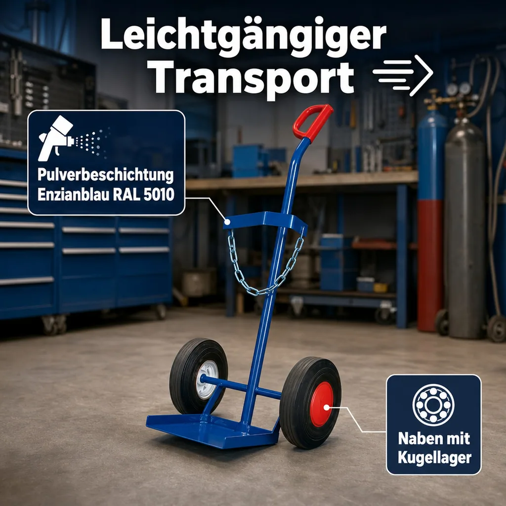 Stahlflaschenkarre für 1 Stahlflasche 40-50l Inhalt Luftbereifung 465 x 445 x 1185 mm