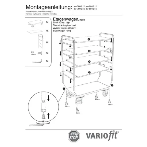 Etagenwagen hoch mit 5 Böden 250 kg Traglast Typ M + EasySTOP