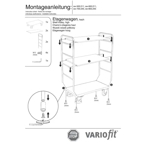 Etagenwagen hoch 3 Böden 250 Traglast Typ L + EasySTOP