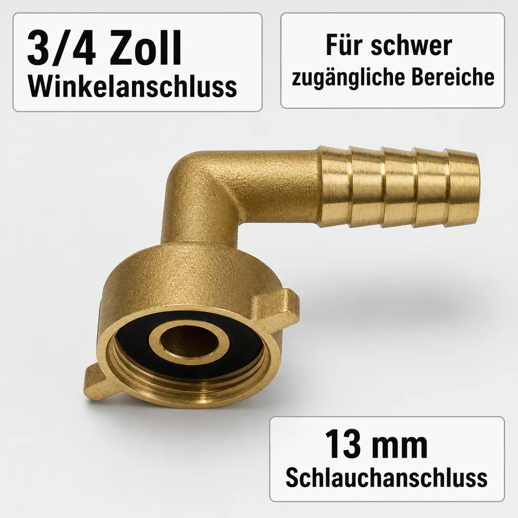 Schlauchverschraubung Messing, 3/4 Zoll Winkel, 13 mm Schlauchanschluss