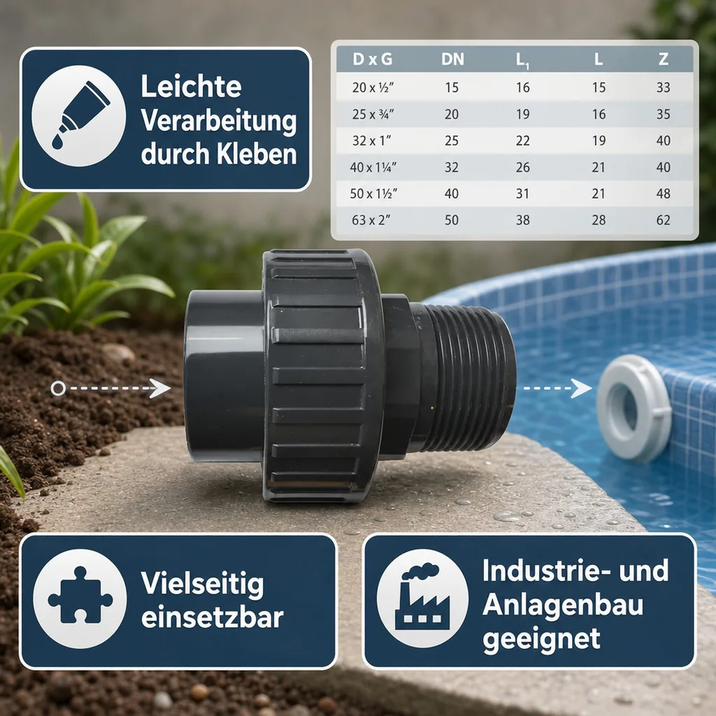 PVC-U Verschraubung 25mm, Klebemuffe, Rohrverbinder