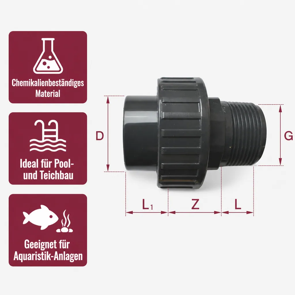 PVC-U Verschraubung 25mm, Klebemuffe, Rohrverbinder