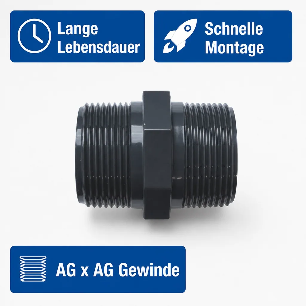 PVC Fitting, PVC Rohrverbinder, Doppelnippel 1 1/4", AG x AG, PVC-U