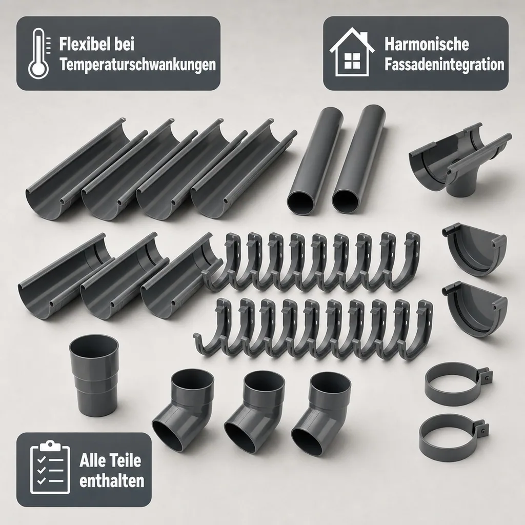 Regenrinne Set 8m graphit, komplettes Dachrinnen System 100