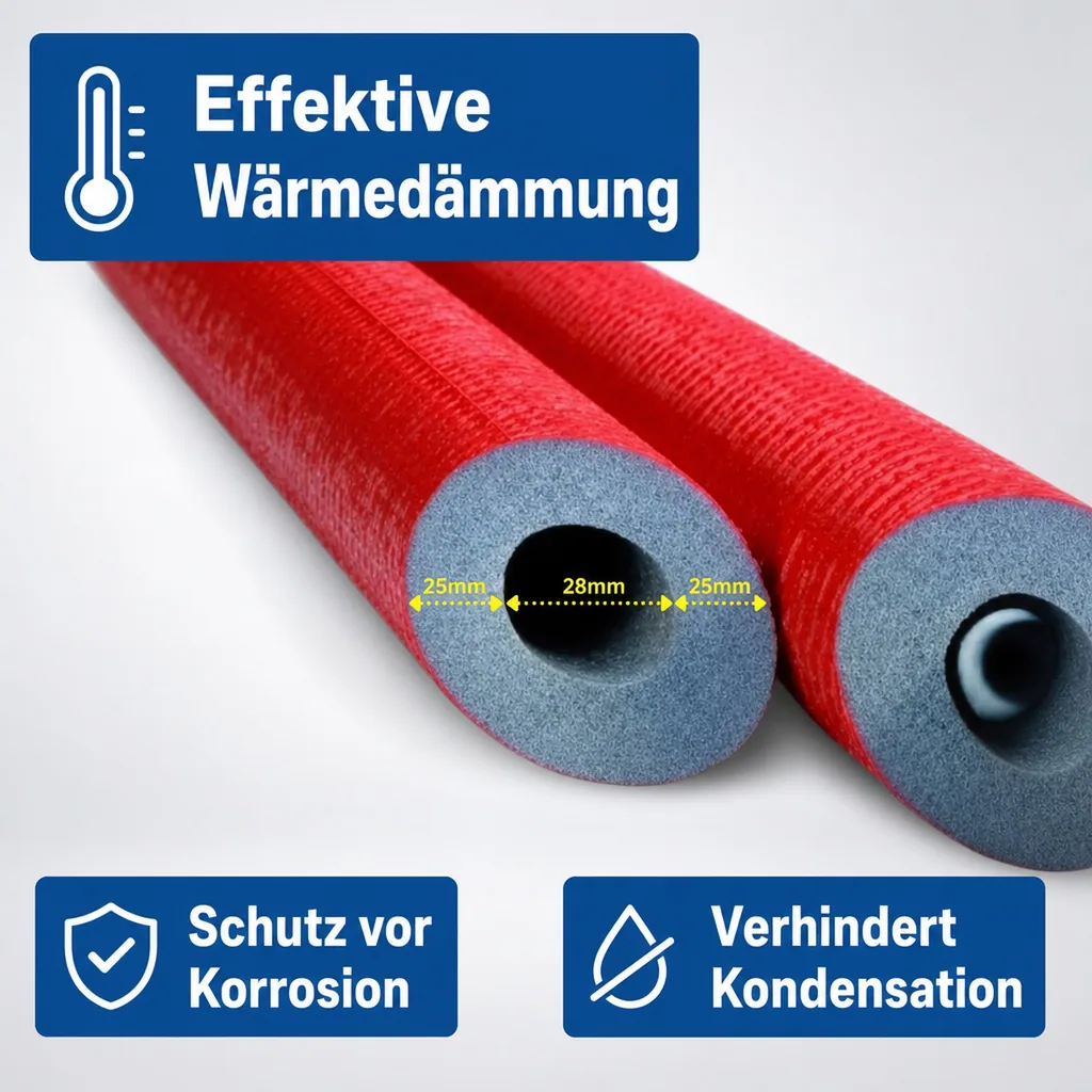 Rohrisolierung 2m, Ø 28mm, 25mm Dämmung, Weichschaum, GEG