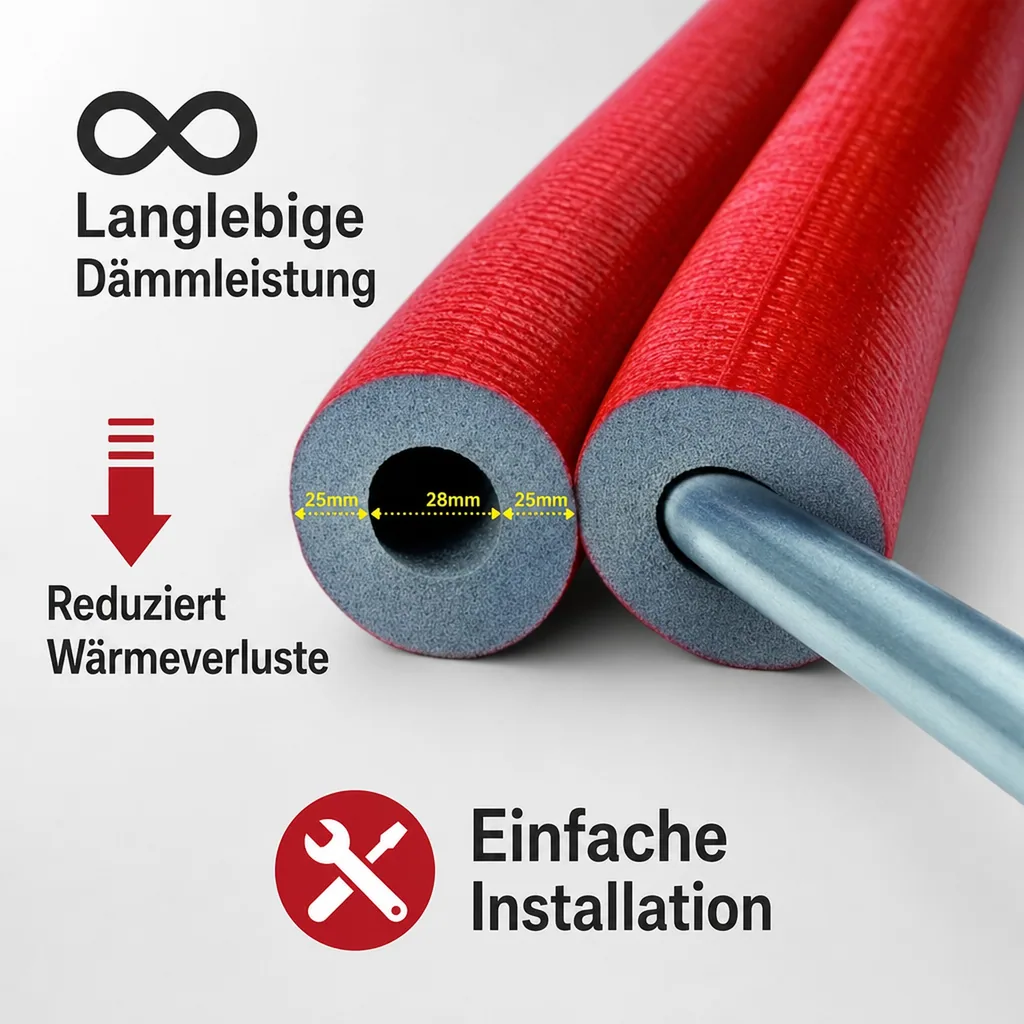 Rohrisolierung 2m, Ø 28mm, 25mm Dämmung, Weichschaum, GEG