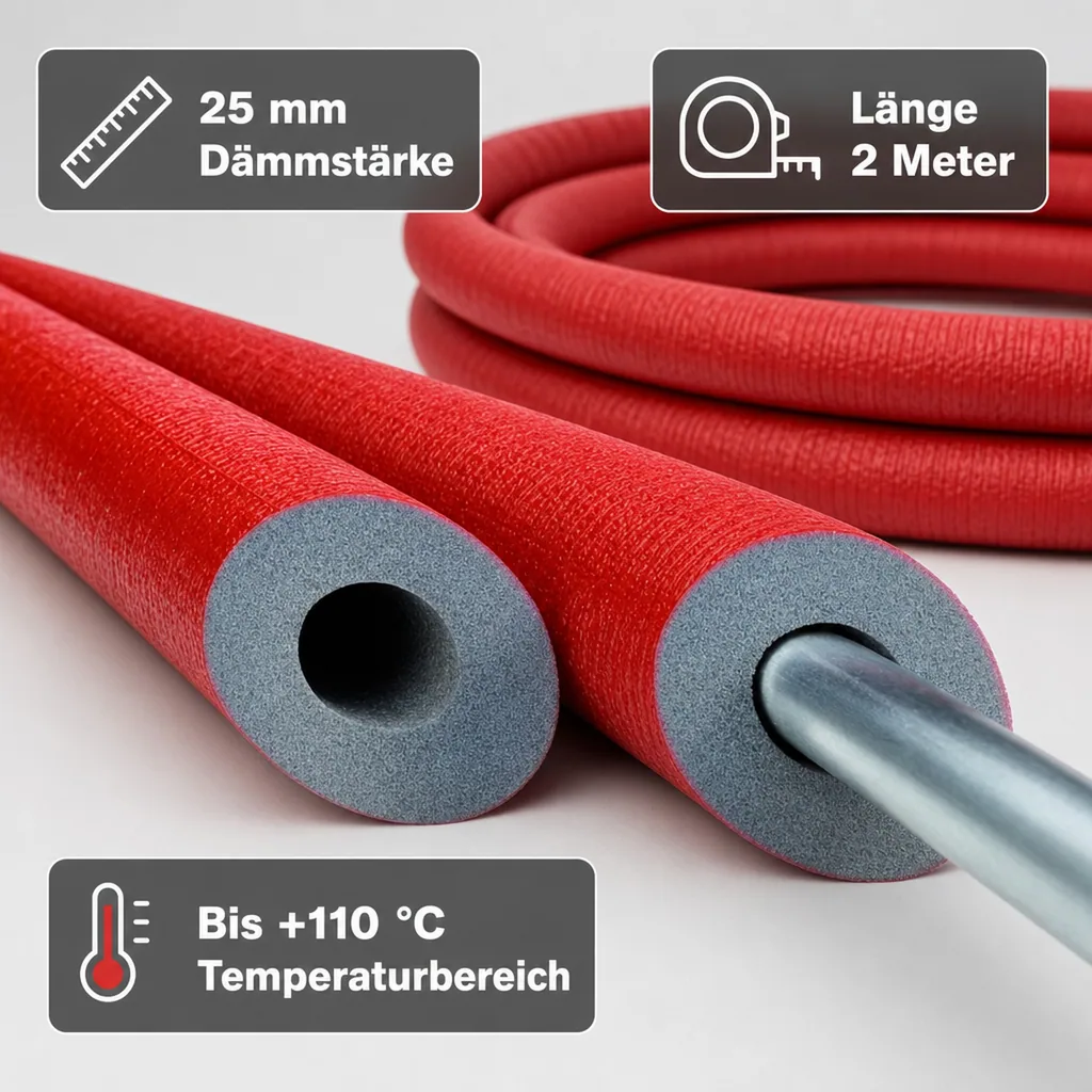 Rohrisolierung 2m, Ø 28mm, 25mm Dämmung, Weichschaum, GEG