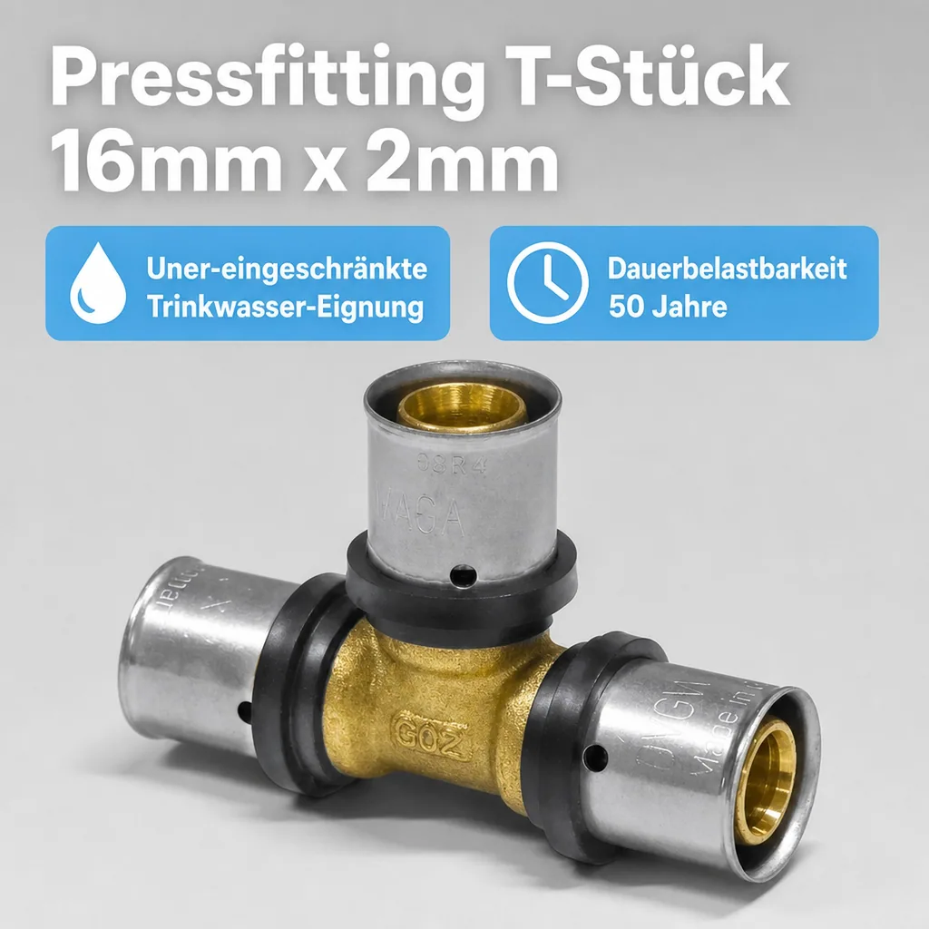 Pressfitting T-Stück 16mm x 2, Rohrverbinder, Trinkwasser DVGW
