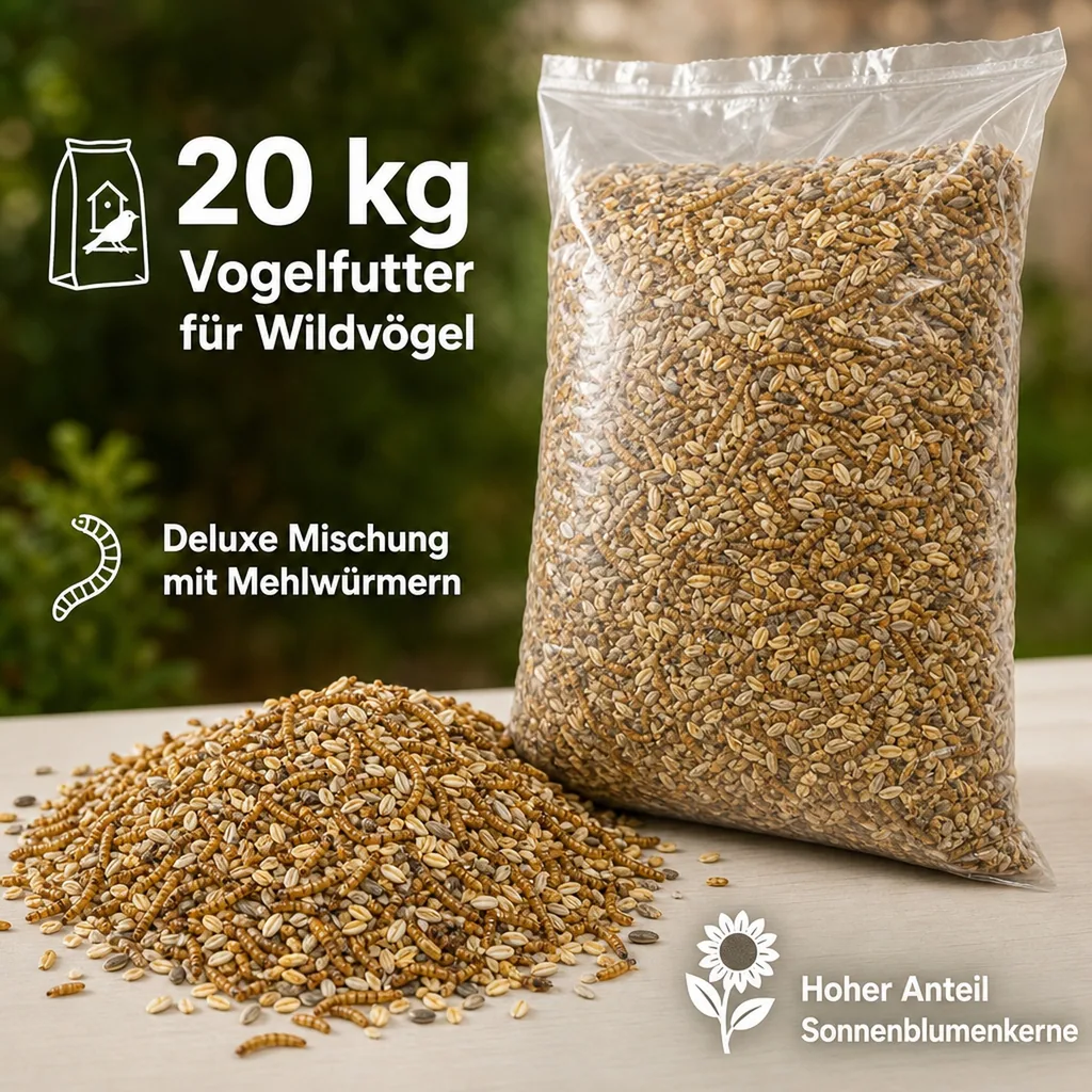 20 kg Deluxe Vogelfutter mit Mehlwürmern schalenlos für Wildvögel