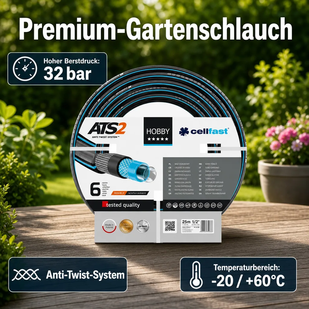 Gartenschlauch 1/2 Zoll 50m, Premium, Flexibel und Lebensmittelgeeignet