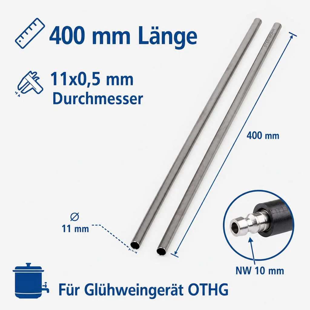 Steigrohr 11x0,5 mm, 400 mm – für Glühweingeräte mit 10-mm-Schlauchanschluss