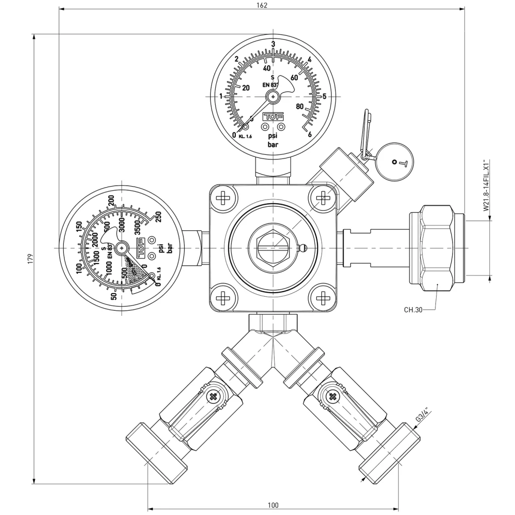 Druckminderer, Druckregler, Druckreduzierventil - CO2 für Bier Zapfanlage 3 bar, 2-leitig