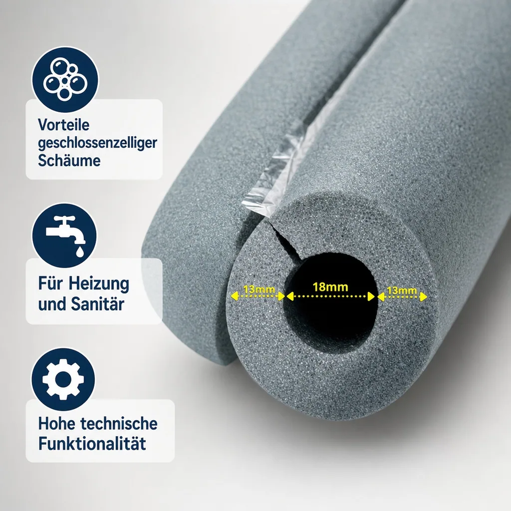 Rohrisolierung, 1m Isolierschlauch Ø 18 mm x 13 mm, selbstklebende Rohrisolierung