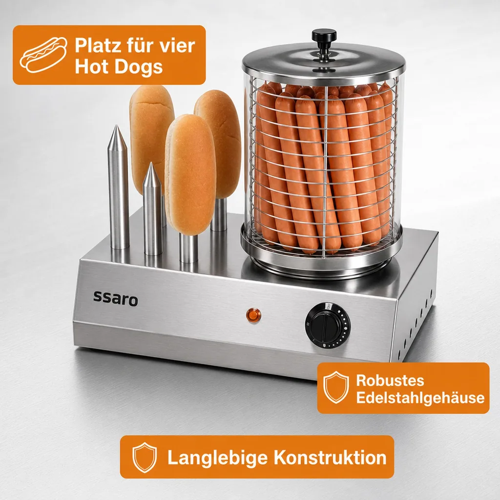 Hot Dog Maker, Bockwurstwärmer, Würstchenwärmer, Hot Dog Steamer - Modell CS-400, Multifunktionaler Edelstahl-Wärmer für perfekte Hot Dogs und mehr