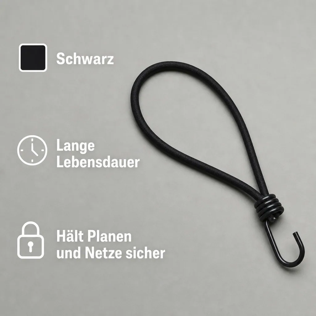 Expanderhaken 6mm x 25cm, Spanngummi Haken, Schwarz