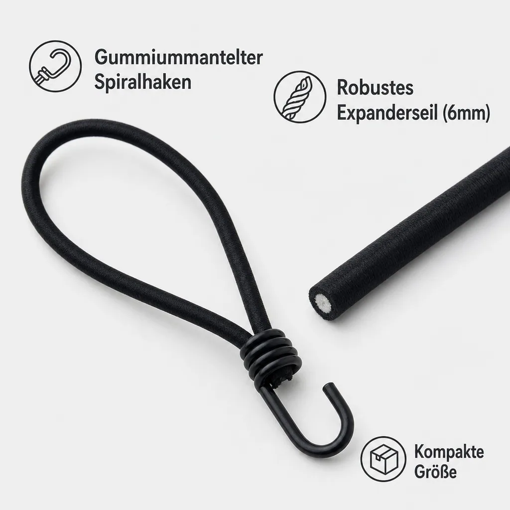 Expanderhaken 6mm x 25cm, Spanngummi Haken, Schwarz