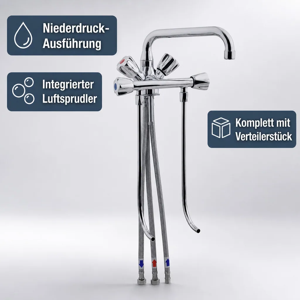 Wasserhahn, Küchenarmatur, Wasserarmatur - Mischbatterie Model „BRUSE“, für 2 Becken Niederdruck